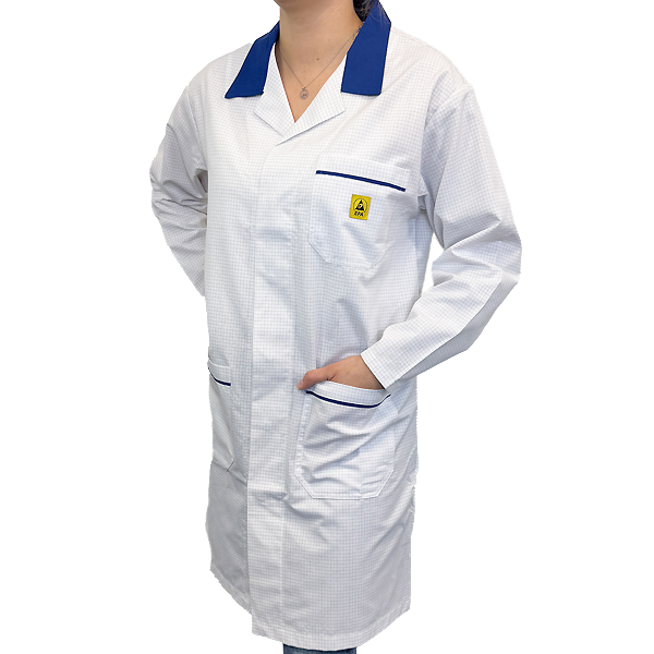 Arbeitsmantel ESD PLUS Unisex weiss, Kragen und Applikation in Blau, 4% ESD