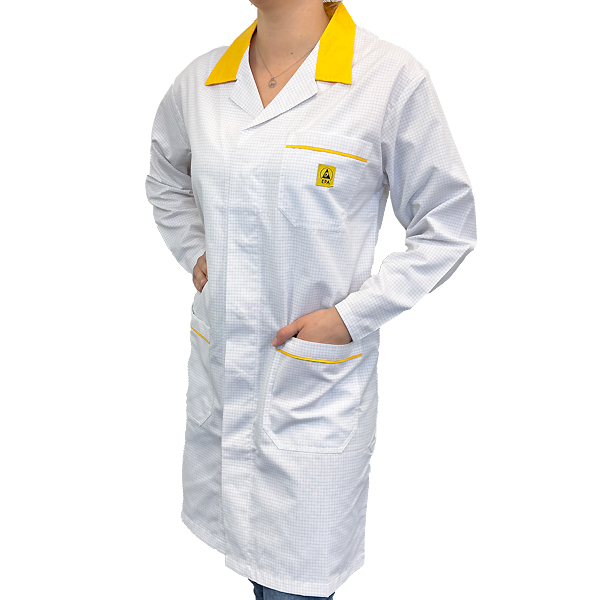 Arbeitsmantel ESD PLUS Unisex weiss, Kragen und Applikation in Gelb, 4% ESD