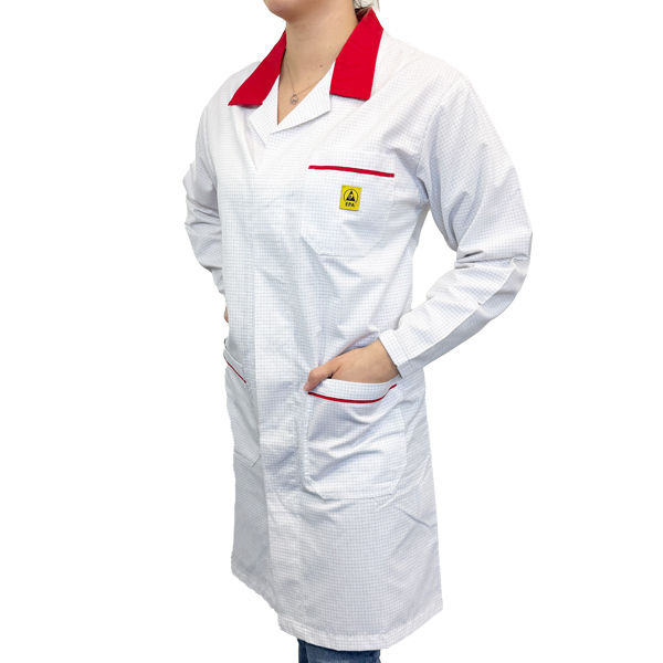 Arbeitsmantel ESD PLUS Unisex weiss, Kragen und Applikation in Rot, 4% ESD